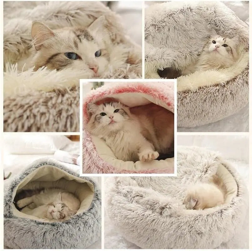 Soft Plush Pet Bed with Cover Round Cat Bed Pet Mattress Warm Cat Dog 2 in 1 Sleeping Nest Cave for Small Dogs